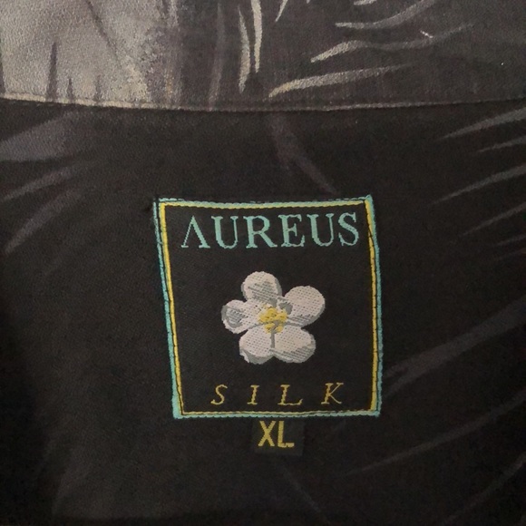 Aureus Silk Button Down Hawaiian Shirt Grey and Black Palm Leaves Short Sleeves - Picture 2 of 7